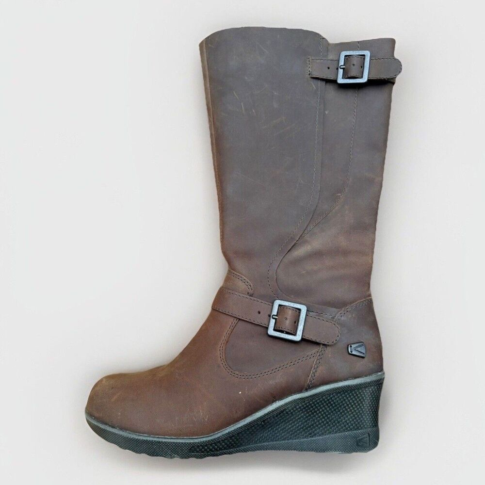 Keen Bern Baby Bern Women's 6.5 Brown Leather Mid Calf Wedge Boot Buckle Zip